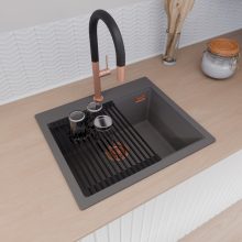 HD Infinity Antracit 58 egymedencés gránit mosogatótálca szett, matt fekete csepegtetőráccsal, matt antracit színben, szálcsiszolt réz leeresztő szifonnal