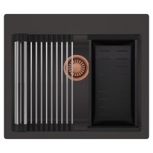 HD Infinity Antracit 58 egymedencés gránit mosogatótálca szett, acél csepegtetőráccsal és matt fekete kosárral, matt antracit színben, szálcsiszolt réz leeresztő szifonnal