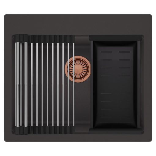 HD Infinity Antracit 58 egymedencés gránit mosogatótálca szett, acél csepegtetőráccsal és matt fekete kosárral, matt antracit színben, szálcsiszolt réz leeresztő szifonnal