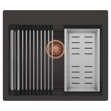 HD Infinity Antracit 58 egymedencés gránit mosogatótálca szett, acél csepegtetőráccsal és kosárral, matt antracit színben, szálcsiszolt réz leeresztő szifonnal