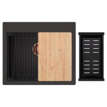 HD Infinity Antracit 58 egymedencés gránit mosogatótálca szett, vágódeszkával, matt fekete csepegtetőráccsal és kosárral, matt antracit színben, szálcsiszolt réz leeresztő szifonnal