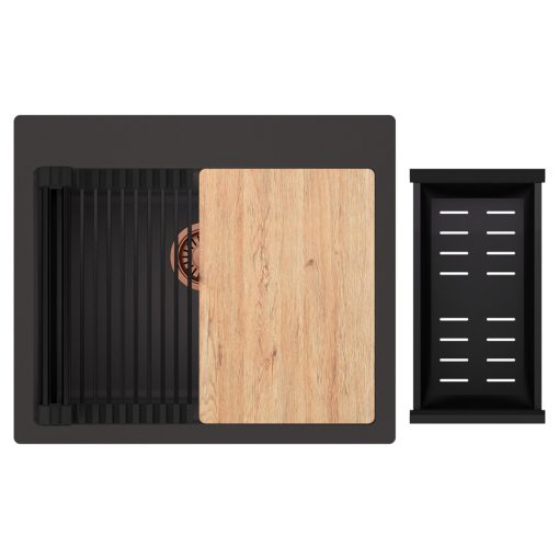 HD Infinity Antracit 58 egymedencés gránit mosogatótálca szett, vágódeszkával, matt fekete csepegtetőráccsal és kosárral, matt antracit színben, szálcsiszolt réz leeresztő szifonnal