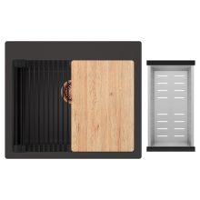 HD Infinity Antracit 58 egymedencés gránit mosogatótálca szett, vágódeszkával, matt fekete csepegtetőráccsal és krómozott kosárral, matt antracit színben, szálcsiszolt réz leeresztő szifonnal