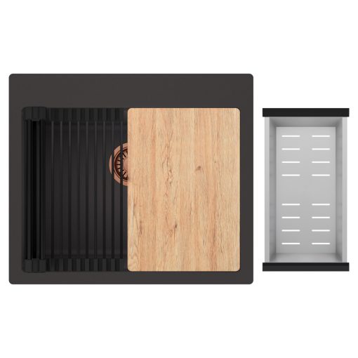 HD Infinity Antracit 58 egymedencés gránit mosogatótálca szett, vágódeszkával, matt fekete csepegtetőráccsal és krómozott kosárral, matt antracit színben, szálcsiszolt réz leeresztő szifonnal