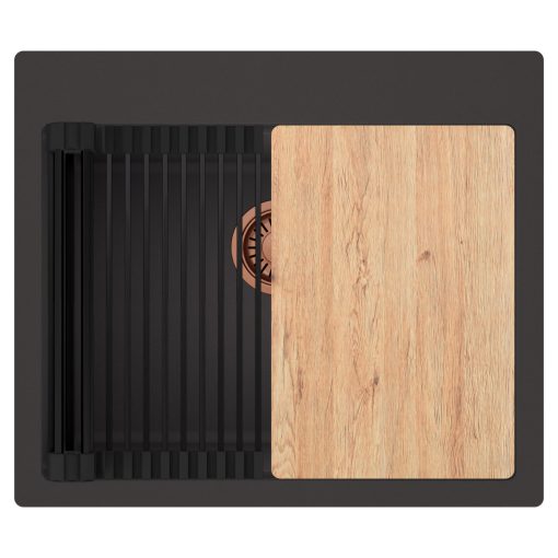 HD Infinity Antracit 58 egymedencés gránit mosogatótálca szett, vágódeszkával, matt fekete csepegtetőráccsal, matt antracit színben, szálcsiszolt réz leeresztő szifonnal