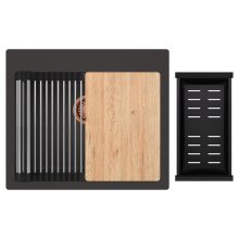 HD Infinity Antracit 58 egymedencés gránit mosogatótálca szett, vágódeszkával, acél csepegtetőráccsal és matt fekete kosárral, matt antracit színben, szálcsiszolt réz leeresztő szifonnal