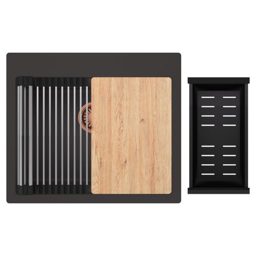 HD Infinity Antracit 58 egymedencés gránit mosogatótálca szett, vágódeszkával, acél csepegtetőráccsal és matt fekete kosárral, matt antracit színben, szálcsiszolt réz leeresztő szifonnal