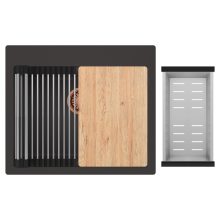 HD Infinity Antracit 58 egymedencés gránit mosogatótálca szett, vágódeszkával, acél csepegtetőráccsal és kosárral, matt antracit színben, szálcsiszolt réz leeresztő szifonnal