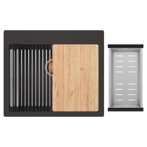 HD Infinity Antracit 58 egymedencés gránit mosogatótálca szett, vágódeszkával, acél csepegtetőráccsal és kosárral, matt antracit színben, szálcsiszolt réz leeresztő szifonnal