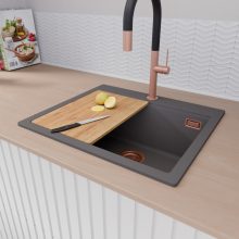 HD Infinity Antracit 58 egymedencés gránit mosogatótálca szett, vágódeszkával, matt fekete csepegtetőkosárral, matt antracit színben, szálcsiszolt réz leeresztő szifonnal