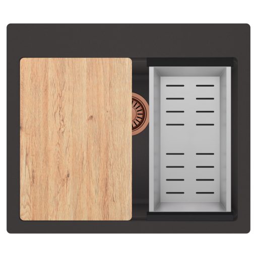 HD Infinity Antracit 58 egymedencés gránit mosogatótálca szett, vágódeszkával, acél csepegtetőkosárral, matt antracit színben, szálcsiszolt réz leeresztő szifonnal