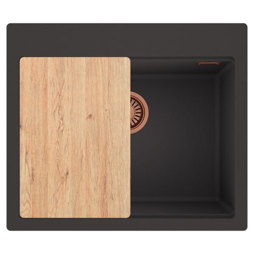 HD Infinity Antracit 58 egymedencés gránit mosogatótálca, vágódeszkával, matt antracit színben, szálcsiszolt réz leeresztő szifonnal