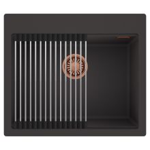 HD Infinity Antracit 58 egymedencés gránit mosogatótálca szett, acél csepegtetőráccsal, matt antracit színben, szálcsiszolt réz leeresztő szifonnal