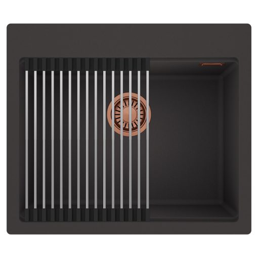 HD Infinity Antracit 58 egymedencés gránit mosogatótálca szett, acél csepegtetőráccsal, matt antracit színben, szálcsiszolt réz leeresztő szifonnal
