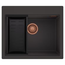 HD Infinity Antracit 58 egymedencés gránit mosogatótálca szett, matt fekete csepegtetőkosárral, matt antracit színben, szálcsiszolt réz leeresztő szifonnal
