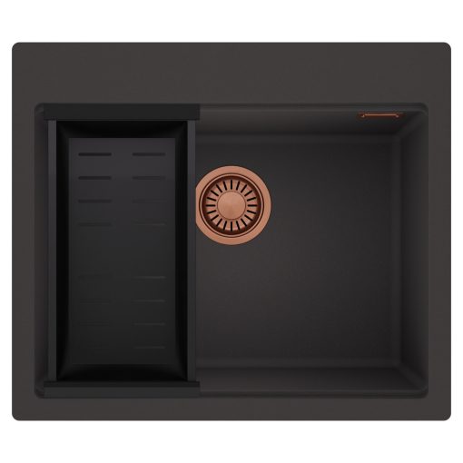 HD Infinity Antracit 58 egymedencés gránit mosogatótálca szett, matt fekete csepegtetőkosárral, matt antracit színben, szálcsiszolt réz leeresztő szifonnal
