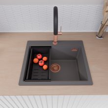 HD Infinity Antracit 58 egymedencés gránit mosogatótálca szett, matt fekete csepegtetőkosárral, matt antracit színben, szálcsiszolt réz leeresztő szifonnal