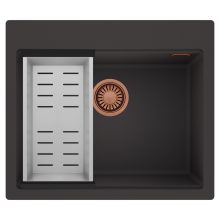 HD Infinity Antracit 58 egymedencés gránit mosogatótálca szett, acél csepegtetőkosárral, matt antracit színben, szálcsiszolt réz leeresztő szifonnal