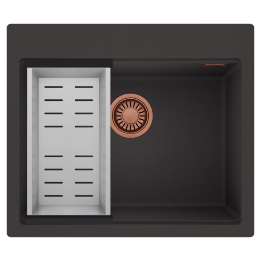 HD Infinity Antracit 58 egymedencés gránit mosogatótálca szett, acél csepegtetőkosárral, matt antracit színben, szálcsiszolt réz leeresztő szifonnal