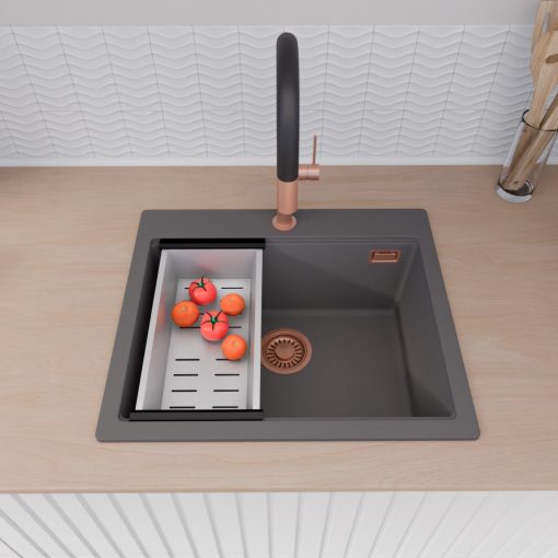 HD Infinity Antracit 58 egymedencés gránit mosogatótálca szett, acél csepegtetőkosárral, matt antracit színben, szálcsiszolt réz leeresztő szifonnal