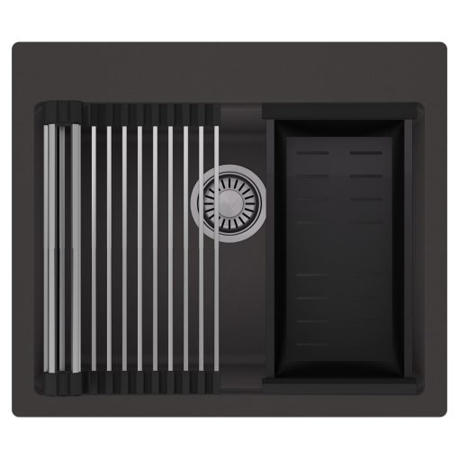 HD Infinity Antracit 58 egymedencés gránit mosogatótálca szett, acél csepegtetőráccsal és matt fekete kosárral, matt antracit színben