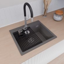 HD Infinity Antracit 58 egymedencés gránit mosogatótálca szett, vágódeszkával, matt fekete csepegtetőráccsal és krómozott kosárral, matt antracit színben