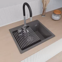 HD Infinity Antracit 58 egymedencés gránit mosogatótálca szett, vágódeszkával, acél csepegtetőráccsal és kosárral, matt antracit színben