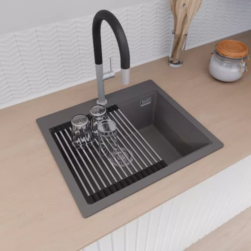 HD Infinity Antracit 58 egymedencés gránit mosogatótálca szett, vágódeszkával, acél csepegtetőráccsal és kosárral, matt antracit színben