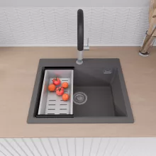 HD Infinity Antracit 58 egymedencés gránit mosogatótálca szett, vágódeszkával, acél csepegtetőráccsal és kosárral, matt antracit színben