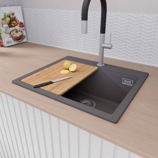 HD Infinity Antracit 58 egymedencés gránit mosogatótálca szett, vágódeszkával, matt fekete csepegtetőkosárral, matt antracit színben