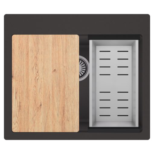 HD Infinity Antracit 58 egymedencés gránit mosogatótálca szett, vágódeszkával, acél csepegtetőkosárral, matt antracit színben