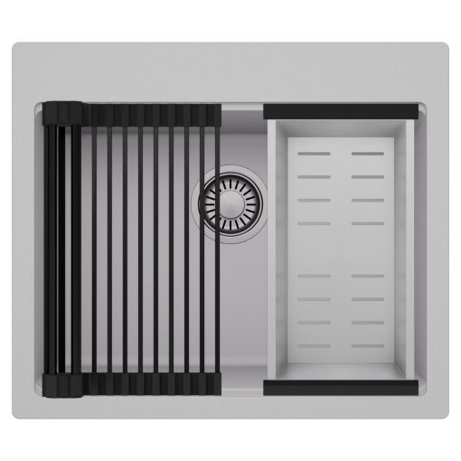 HD Infinity Grey 58 egymedencés gránit mosogatótálca szett, matt fekete csepegtetőráccsal és krómozott kosárral, alpesi szürke színben, szálcsiszolt króm leeresztő szifonnal