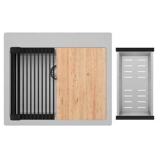 HD Infinity Grey 58 egymedencés gránit mosogatótálca szett, vágódeszkával, matt fekete csepegtetőráccsal és krómozott kosárral, alpesi szürke színben, szálcsiszolt króm leeresztő szifonnal