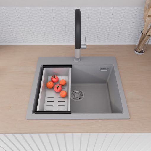 HD Infinity Grey 58 egymedencés gránit mosogatótálca szett, vágódeszkával, matt fekete csepegtetőráccsal és krómozott kosárral, alpesi szürke színben, szálcsiszolt króm leeresztő szifonnal