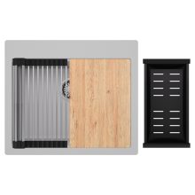 HD Infinity Grey 58 egymedencés gránit mosogatótálca szett, vágódeszkával, acél csepegtetőráccsal és matt fekete kosárral, alpesi szürke színben, szálcsiszolt króm leeresztő szifonnal