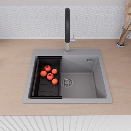 HD Infinity Grey 58 egymedencés gránit mosogatótálca szett, vágódeszkával, acél csepegtetőráccsal és matt fekete kosárral, alpesi szürke színben, szálcsiszolt króm leeresztő szifonnal