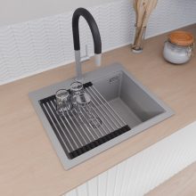 HD Infinity Grey 58 egymedencés gránit mosogatótálca szett, vágódeszkával, acél csepegtetőráccsal, alpesi szürke színben, szálcsiszolt króm leeresztő szifonnal