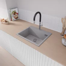 HD Infinity Grey 58 egymedencés gránit mosogatótálca, vágódeszkával, alpesi szürke színben, szálcsiszolt króm leeresztő szifonnal