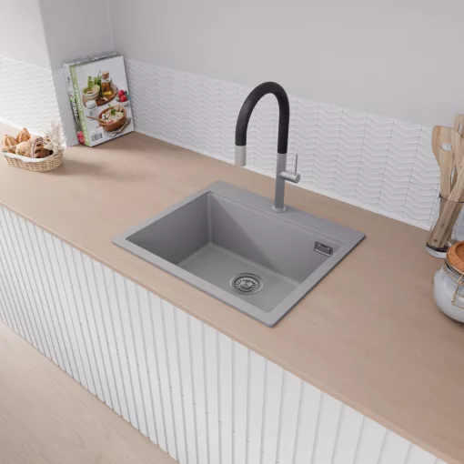 HD Infinity Grey 58 egymedencés gránit mosogatótálca, vágódeszkával, alpesi szürke színben, szálcsiszolt króm leeresztő szifonnal