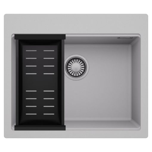 HD Infinity Grey 58 egymedencés gránit mosogatótálca szett, matt fekete csepegtetőkosárral, alpesi szürke színben, szálcsiszolt króm leeresztő szifonnal