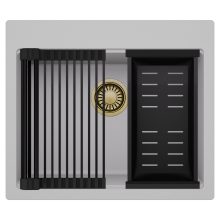 HD Infinity Grey 58 egymedencés gránit mosogatótálca szett, matt fekete csepegtetőráccsal és kosárral, alpesi szürke színben, szálcsiszolt arany leeresztő szifonnal