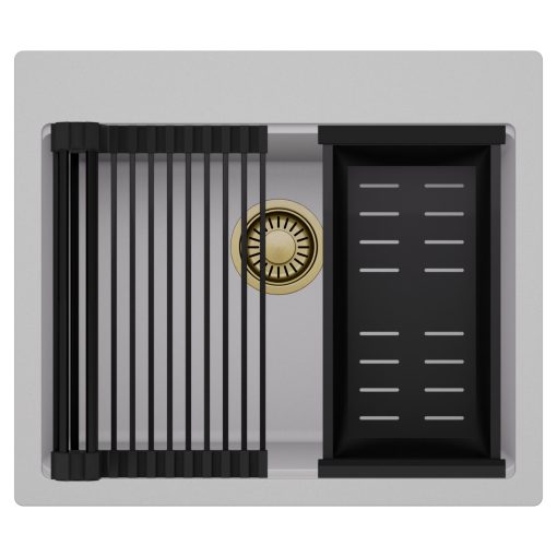 HD Infinity Grey 58 egymedencés gránit mosogatótálca szett, matt fekete csepegtetőráccsal és kosárral, alpesi szürke színben, szálcsiszolt arany leeresztő szifonnal