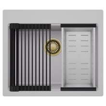 HD Infinity Grey 58 egymedencés gránit mosogatótálca szett, matt fekete csepegtetőráccsal és krómozott kosárral, alpesi szürke színben, szálcsiszolt arany leeresztő szifonnal