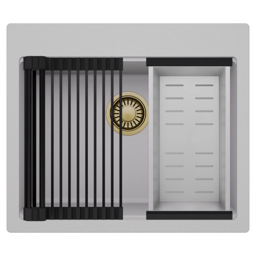 HD Infinity Grey 58 egymedencés gránit mosogatótálca szett, matt fekete csepegtetőráccsal és krómozott kosárral, alpesi szürke színben, szálcsiszolt arany leeresztő szifonnal