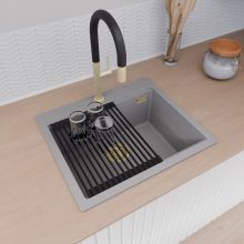 HD Infinity Grey 58 egymedencés gránit mosogatótálca szett, matt fekete csepegtetőráccsal és krómozott kosárral, alpesi szürke színben, szálcsiszolt arany leeresztő szifonnal