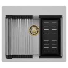 HD Infinity Grey 58 egymedencés gránit mosogatótálca szett, acél csepegtetőráccsal és matt fekete kosárral, alpesi szürke színben, szálcsiszolt arany leeresztő szifonnal