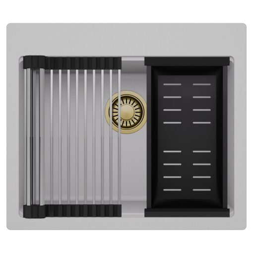 HD Infinity Grey 58 egymedencés gránit mosogatótálca szett, acél csepegtetőráccsal és matt fekete kosárral, alpesi szürke színben, szálcsiszolt arany leeresztő szifonnal