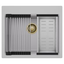 HD Infinity Grey 58 egymedencés gránit mosogatótálca szett, acél csepegtetőráccsal és kosárral, alpesi szürke színben, szálcsiszolt arany leeresztő szifonnal