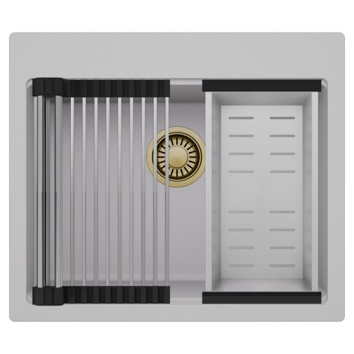 HD Infinity Grey 58 egymedencés gránit mosogatótálca szett, acél csepegtetőráccsal és kosárral, alpesi szürke színben, szálcsiszolt arany leeresztő szifonnal