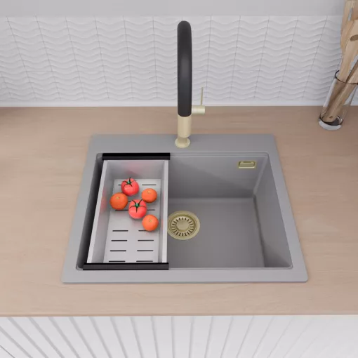 HD Infinity Grey 58 egymedencés gránit mosogatótálca szett, vágódeszkával, matt fekete csepegtetőráccsal és krómozott kosárral, alpesi szürke színben, szálcsiszolt arany leeresztő szifonnal